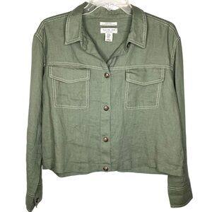 Rachel Zoe Top Jacket Women Sz M Green Linen Flax Button Down Lagenlook EUC
